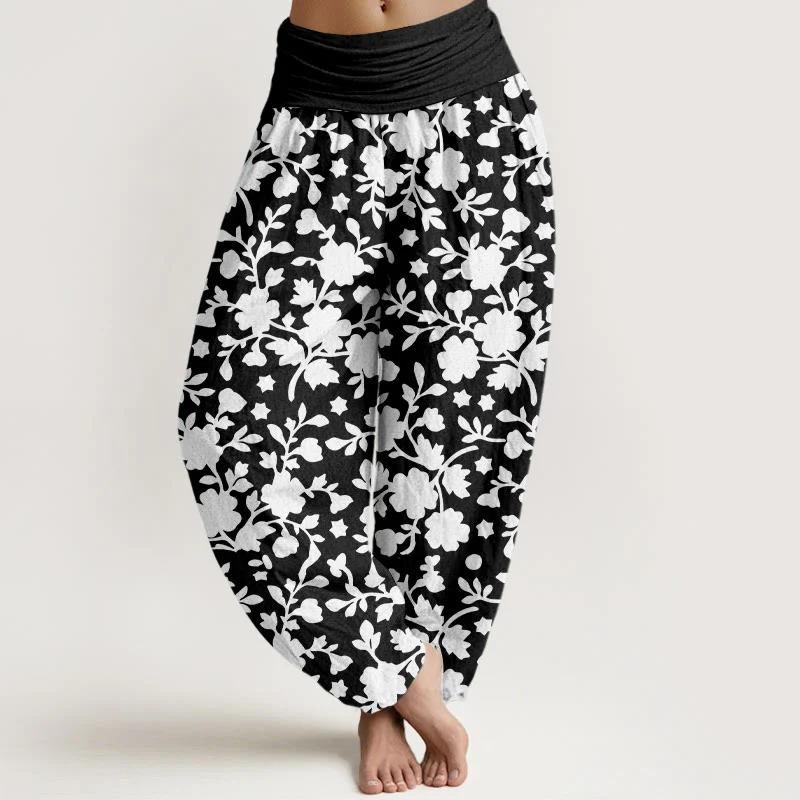 Pantaloni harem da donna con elastico in vita, motivo a fiori bianchi, foglie e stelle, in puro cotone, motivo Buddha Stones - Image 9