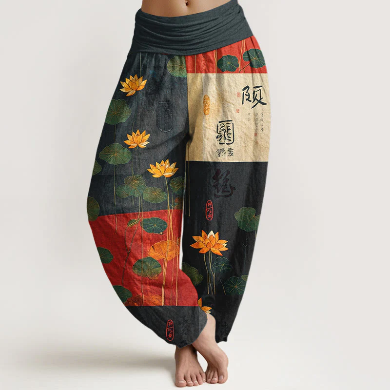 Pantaloni harem da donna con elastico in vita, motivo a fiori di loto Buddha Stones, in puro cotone, con forte impatto visivo