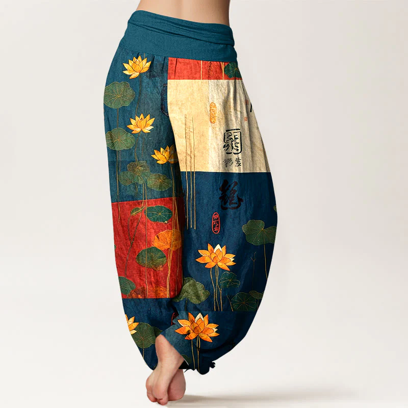 Pantaloni harem da donna con elastico in vita, motivo a fiori di loto Buddha Stones, in puro cotone, con forte impatto visivo - Image 10