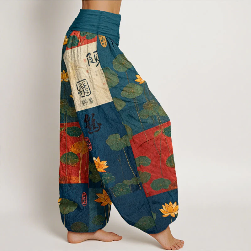 Pantaloni harem da donna con elastico in vita, motivo a fiori di loto Buddha Stones, in puro cotone, con forte impatto visivo - Image 11