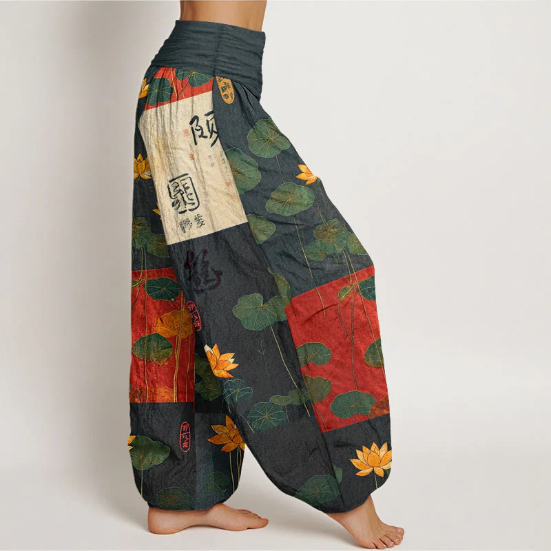 Pantaloni harem da donna con elastico in vita, motivo a fiori di loto Buddha Stones, in puro cotone, con forte impatto visivo - Image 3
