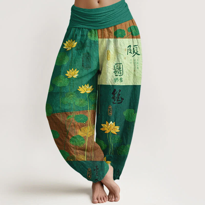 Pantaloni harem da donna con elastico in vita, motivo a fiori di loto Buddha Stones, in puro cotone, con forte impatto visivo - Image 6