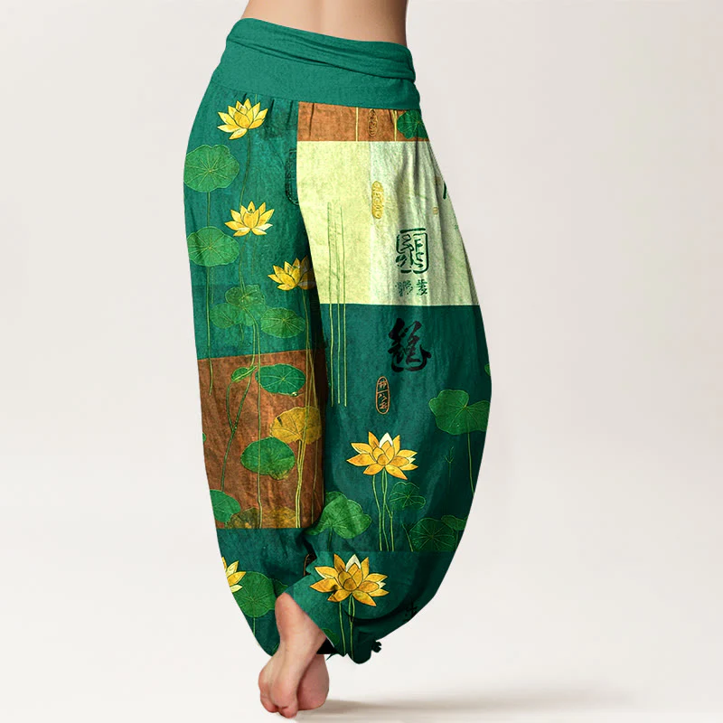 Pantaloni harem da donna con elastico in vita, motivo a fiori di loto Buddha Stones, in puro cotone, con forte impatto visivo - Image 7