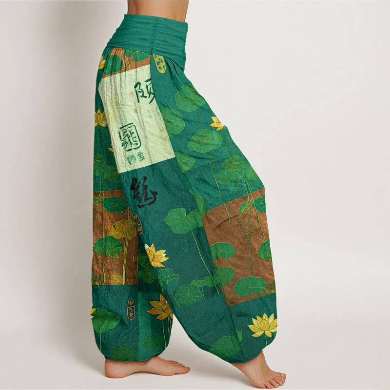 Pantaloni harem da donna con elastico in vita, motivo a fiori di loto Buddha Stones, in puro cotone, con forte impatto visivo - Image 8