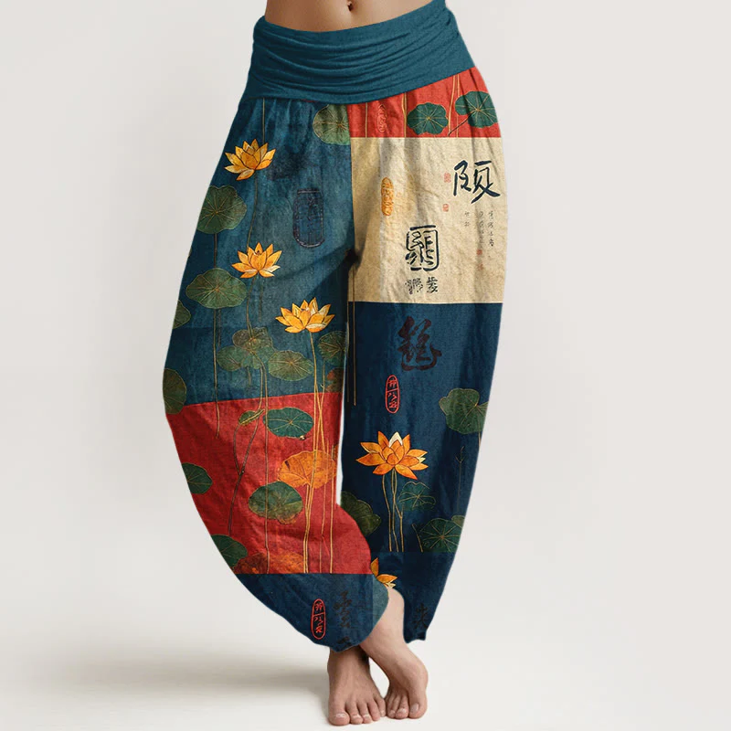 Pantaloni harem da donna con elastico in vita, motivo a fiori di loto Buddha Stones, in puro cotone, con forte impatto visivo - Image 9