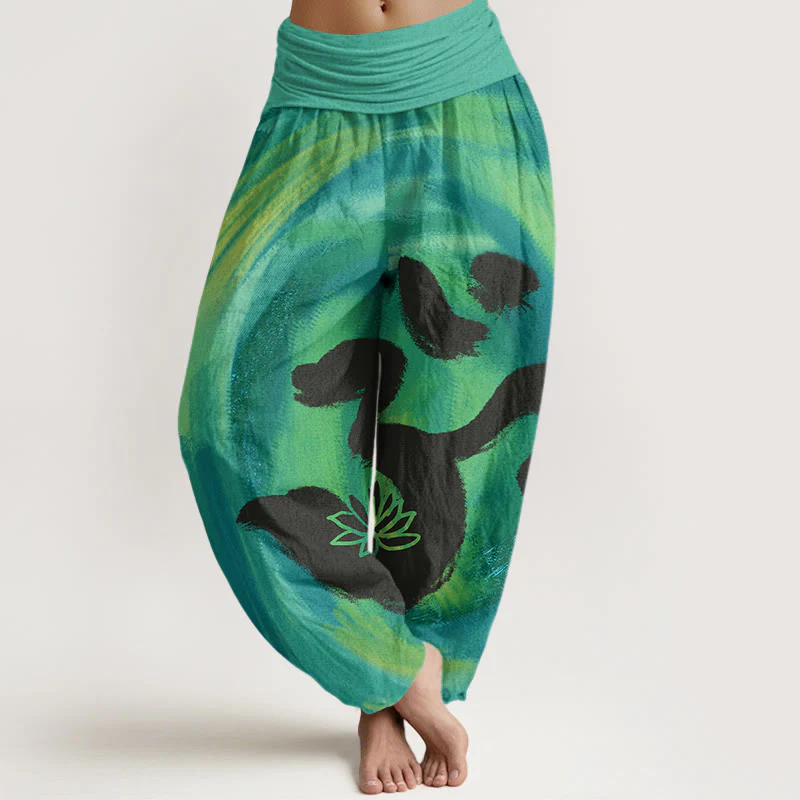 Pantaloni harem da donna con elastico in vita, in Buddha Stones , con simbolo OM e motivo a fiori di loto