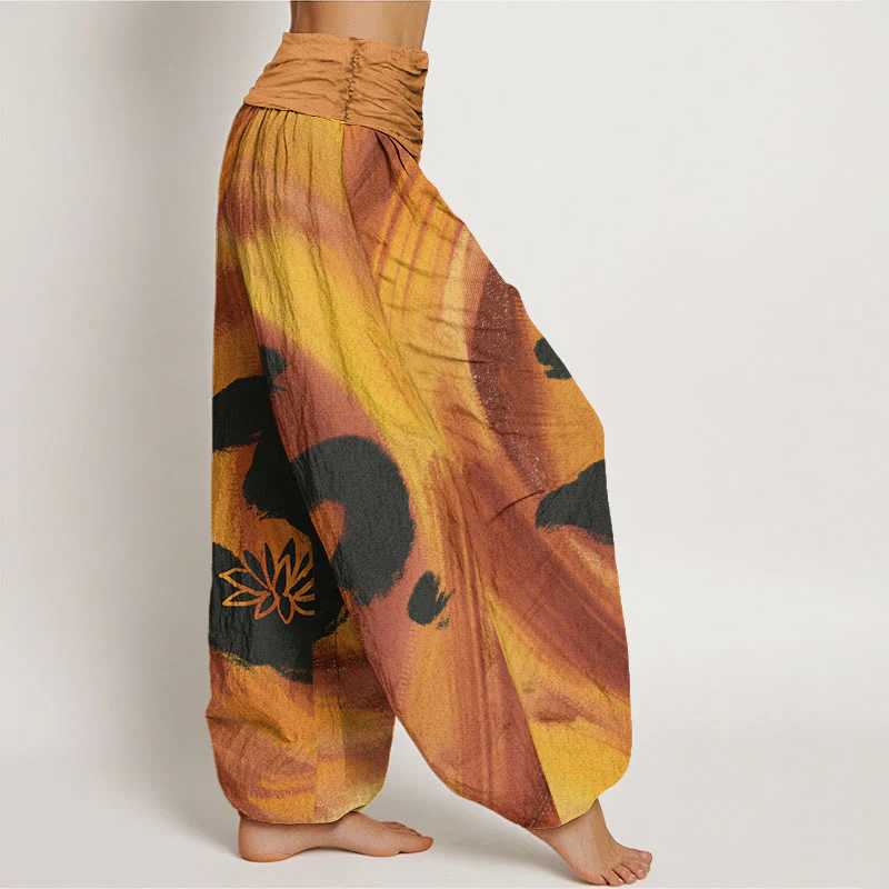 Pantaloni harem da donna con elastico in vita, in Buddha Stones , con simbolo OM e motivo a fiori di loto - Image 7