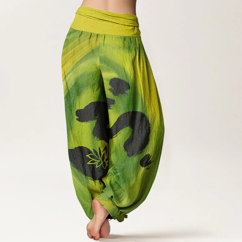 Pantaloni harem da donna con elastico in vita, in Buddha Stones , con simbolo OM e motivo a fiori di loto - Image 9