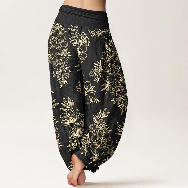 Pantaloni harem da donna con elastico in vita, motivo a fiori e foglie in cotone Buddha Stones - Image 10
