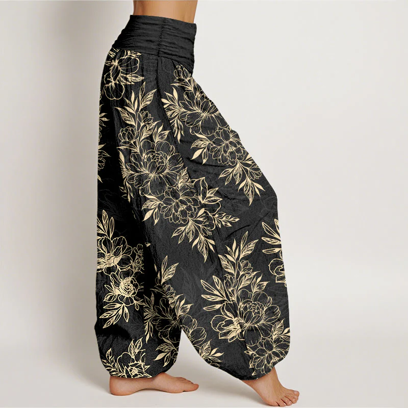 Pantaloni harem da donna con elastico in vita, motivo a fiori e foglie in cotone Buddha Stones - Image 11