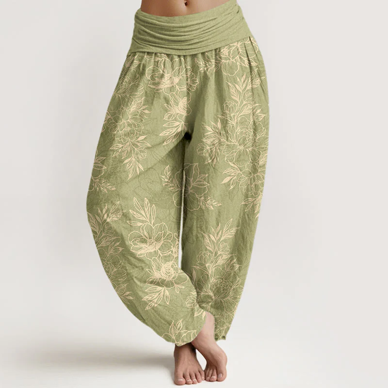 Pantaloni harem da donna con elastico in vita, motivo a fiori e foglie in cotone Buddha Stones - Image 12