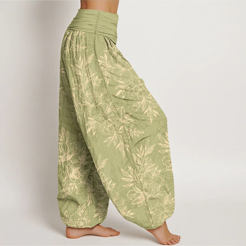 Pantaloni harem da donna con elastico in vita, motivo a fiori e foglie in cotone Buddha Stones - Image 14