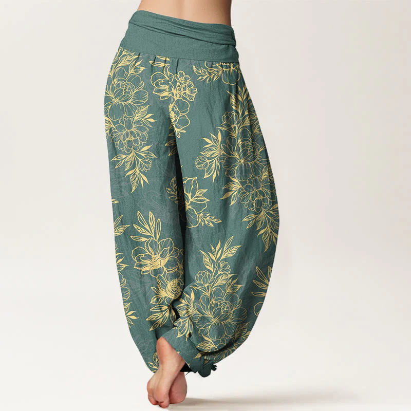 Pantaloni harem da donna con elastico in vita, motivo a fiori e foglie in cotone Buddha Stones - Image 2