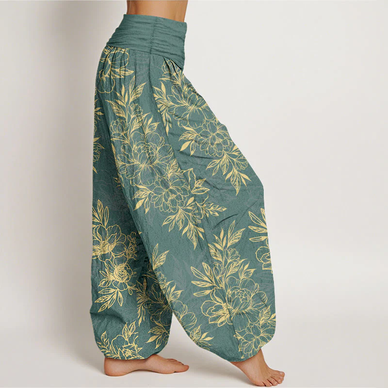 Pantaloni harem da donna con elastico in vita, motivo a fiori e foglie in cotone Buddha Stones - Image 3