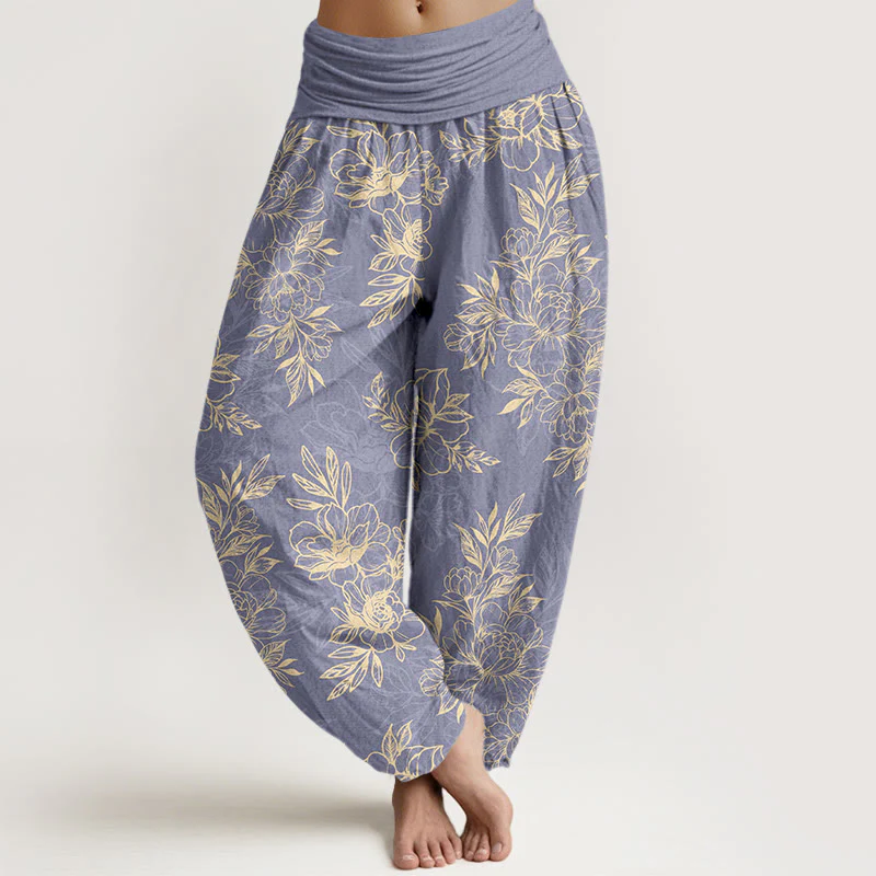 Pantaloni harem da donna con elastico in vita, motivo a fiori e foglie in cotone Buddha Stones - Image 6