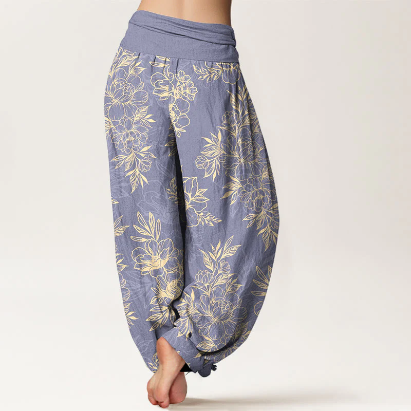 Pantaloni harem da donna con elastico in vita, motivo a fiori e foglie in cotone Buddha Stones - Image 7