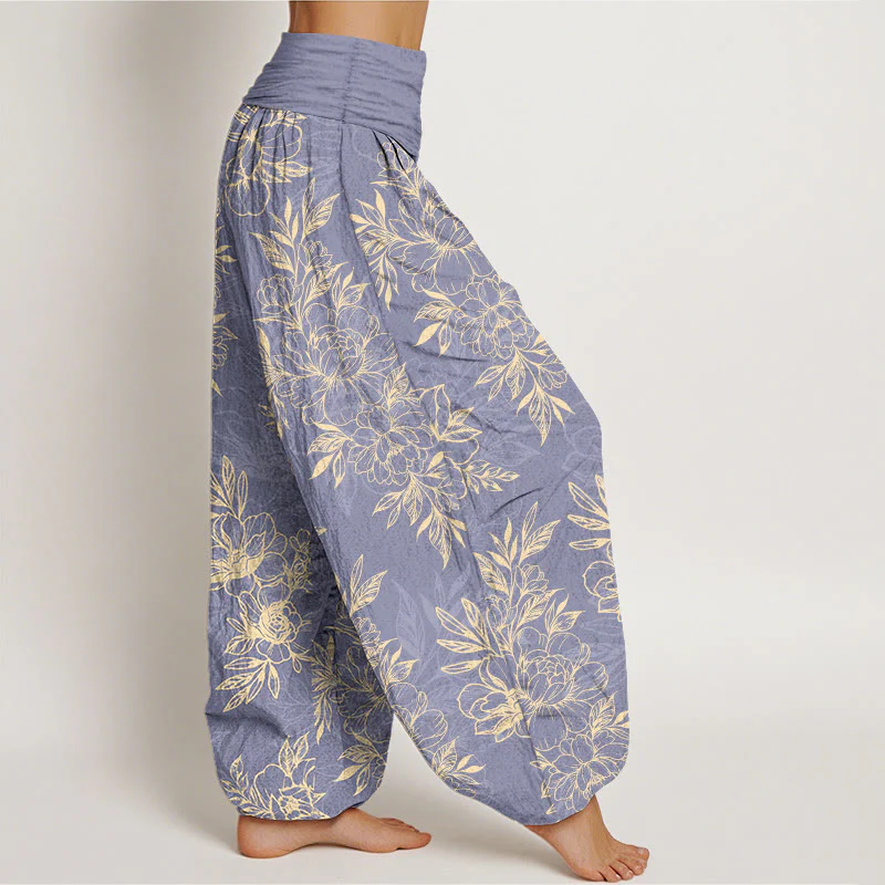 Pantaloni harem da donna con elastico in vita, motivo a fiori e foglie in cotone Buddha Stones - Image 8
