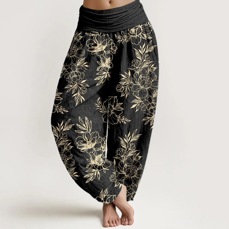 Pantaloni harem da donna con elastico in vita, motivo a fiori e foglie in cotone Buddha Stones - Image 9