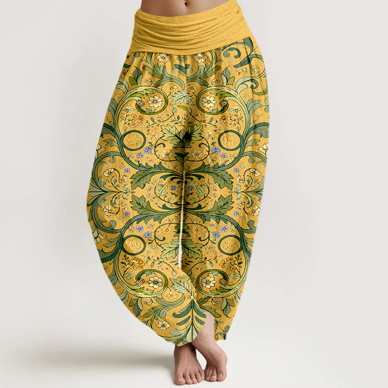 Pantaloni harem da donna con elastico in vita, motivo a foglie e fiori in puro cotone a strati, motivo Buddha Stones