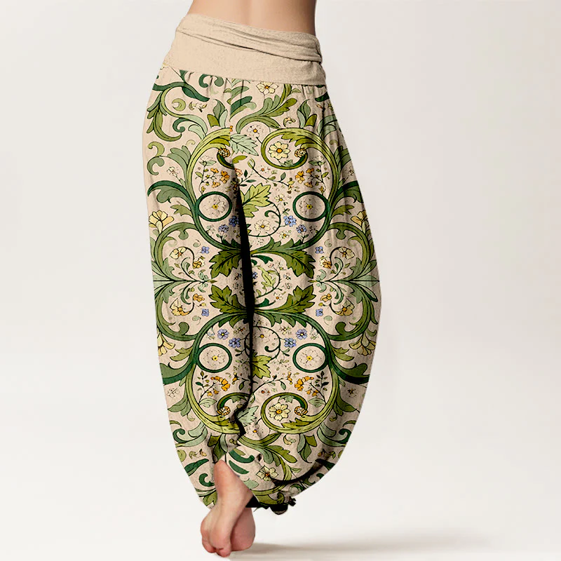 Pantaloni harem da donna con elastico in vita, motivo a foglie e fiori in puro cotone a strati, motivo Buddha Stones - Image 10
