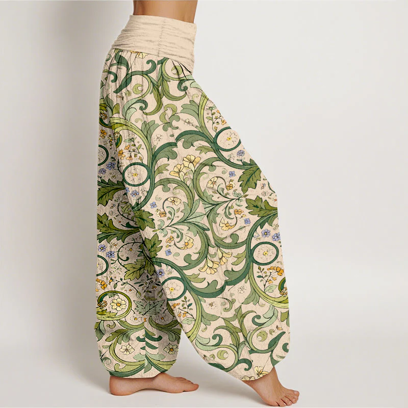 Pantaloni harem da donna con elastico in vita, motivo a foglie e fiori in puro cotone a strati, motivo Buddha Stones - Image 11
