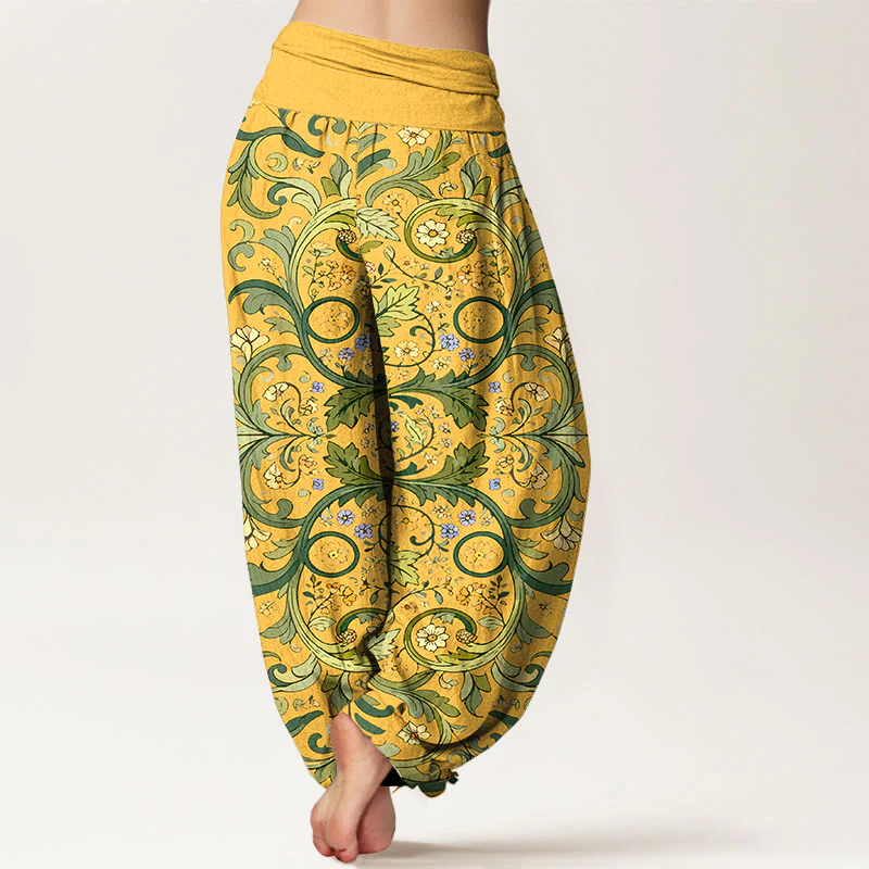Pantaloni harem da donna con elastico in vita, motivo a foglie e fiori in puro cotone a strati, motivo Buddha Stones - Image 2