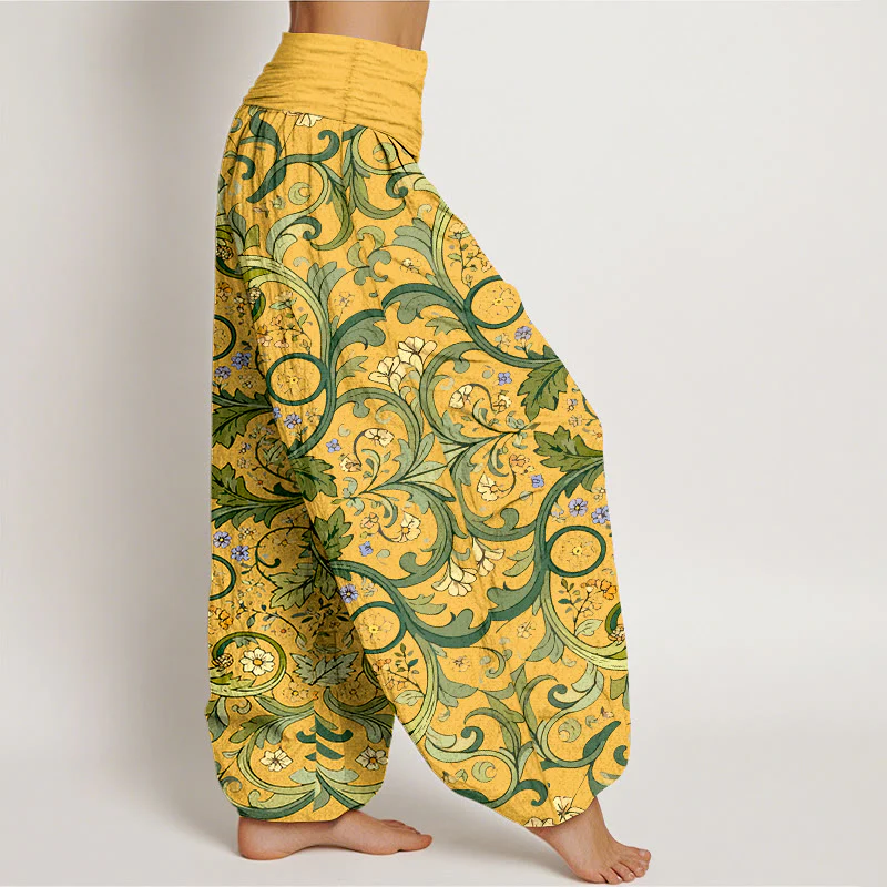 Pantaloni harem da donna con elastico in vita, motivo a foglie e fiori in puro cotone a strati, motivo Buddha Stones - Image 3