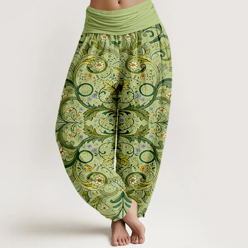 Pantaloni harem da donna con elastico in vita, motivo a foglie e fiori in puro cotone a strati, motivo Buddha Stones - Image 6