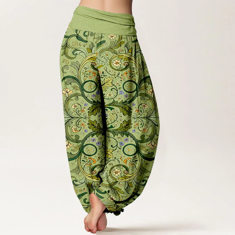 Pantaloni harem da donna con elastico in vita, motivo a foglie e fiori in puro cotone a strati, motivo Buddha Stones - Image 7
