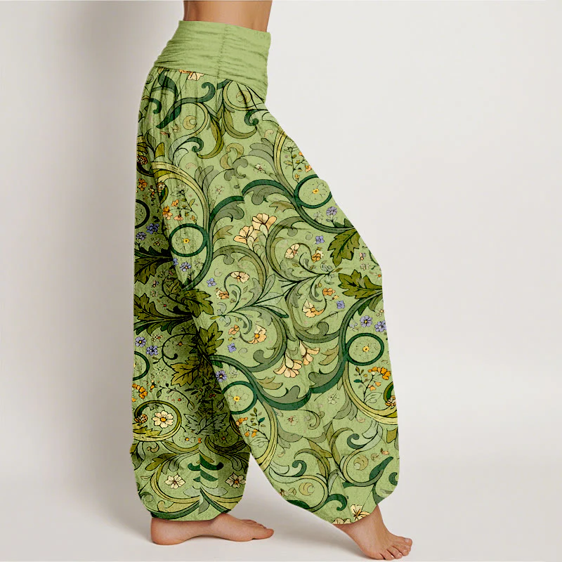 Pantaloni harem da donna con elastico in vita, motivo a foglie e fiori in puro cotone a strati, motivo Buddha Stones - Image 8