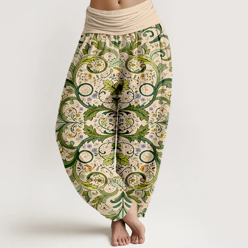 Pantaloni harem da donna con elastico in vita, motivo a foglie e fiori in puro cotone a strati, motivo Buddha Stones - Image 9