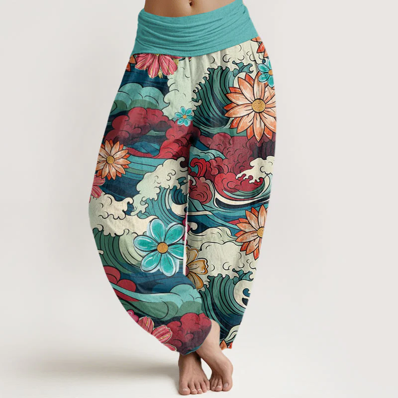 Pantaloni harem da donna con elastico in vita, in cotone, con motivo a onde oceaniche colorate e fiori vari, motivo Buddha Stones