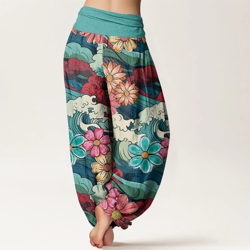 Pantaloni harem da donna con elastico in vita, in cotone, con motivo a onde oceaniche colorate e fiori vari, motivo Buddha Stones - Image 2