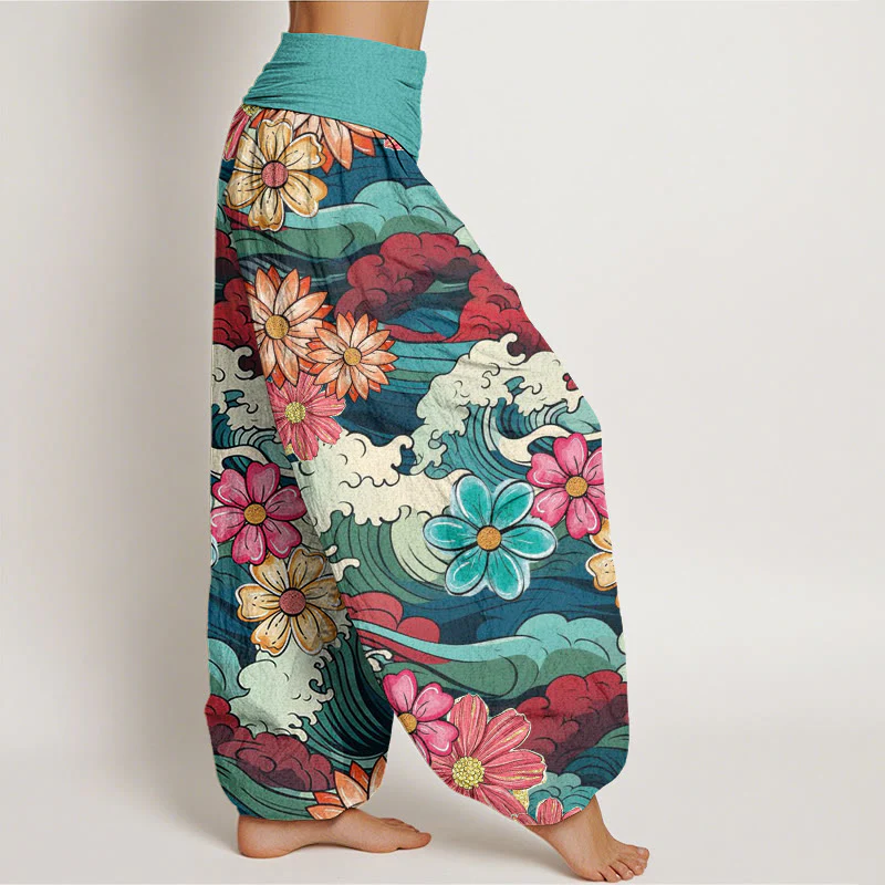Pantaloni harem da donna con elastico in vita, in cotone, con motivo a onde oceaniche colorate e fiori vari, motivo Buddha Stones - Image 3