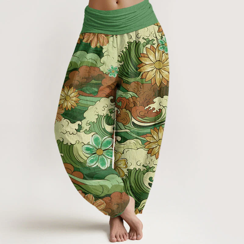 Pantaloni harem da donna con elastico in vita, in cotone, con motivo a onde oceaniche colorate e fiori vari, motivo Buddha Stones - Image 5