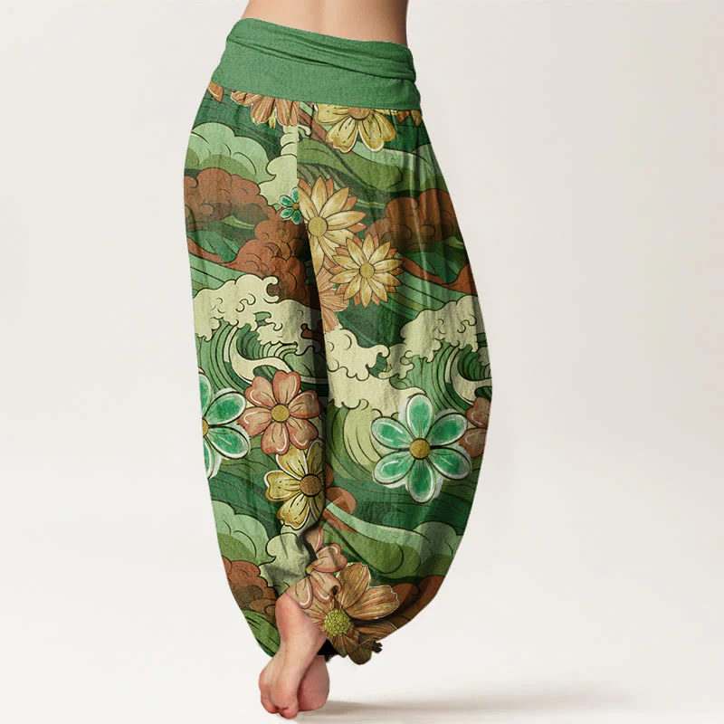Pantaloni harem da donna con elastico in vita, in cotone, con motivo a onde oceaniche colorate e fiori vari, motivo Buddha Stones - Image 6