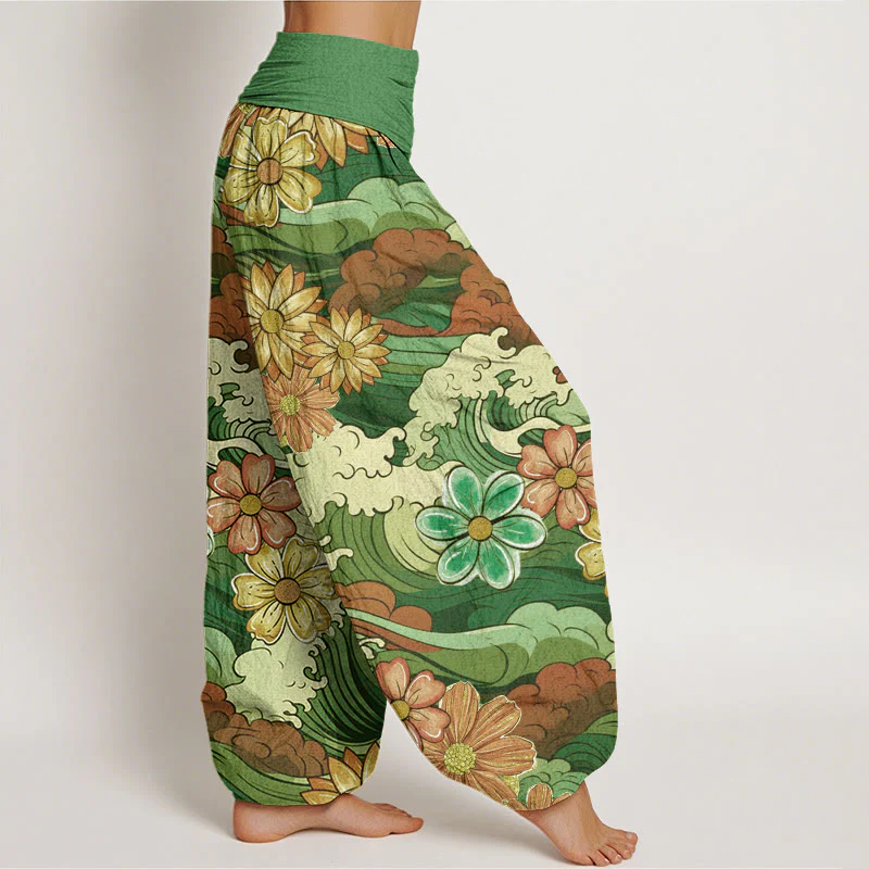 Pantaloni harem da donna con elastico in vita, in cotone, con motivo a onde oceaniche colorate e fiori vari, motivo Buddha Stones - Image 7