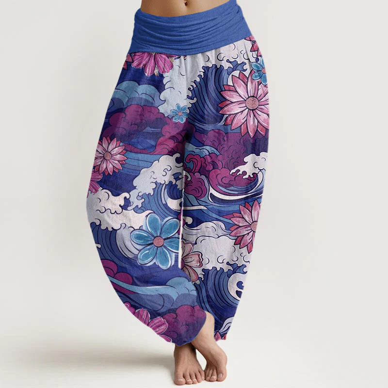 Pantaloni harem da donna con elastico in vita, in cotone, con motivo a onde oceaniche colorate e fiori vari, motivo Buddha Stones - Image 8