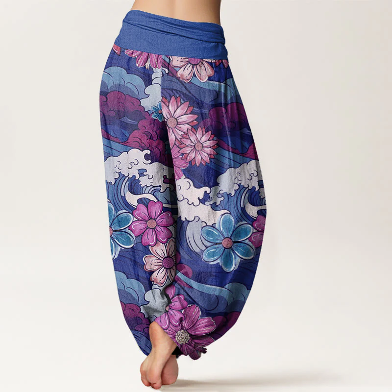 Pantaloni harem da donna con elastico in vita, in cotone, con motivo a onde oceaniche colorate e fiori vari, motivo Buddha Stones - Image 9