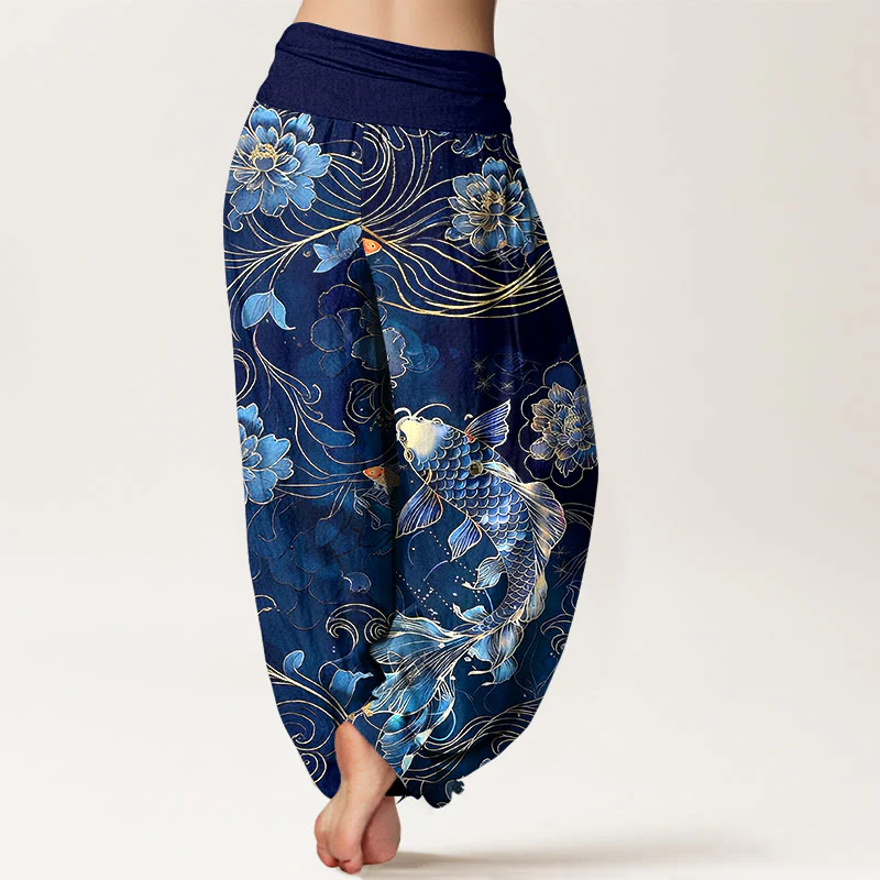 Pantaloni harem da donna con elastico in vita, motivo a peonie e pesci koi in puro cotone, modello Buddha Stones - Image 2