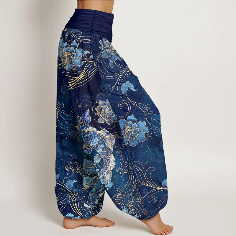 Pantaloni harem da donna con elastico in vita, motivo a peonie e pesci koi in puro cotone, modello Buddha Stones - Image 3