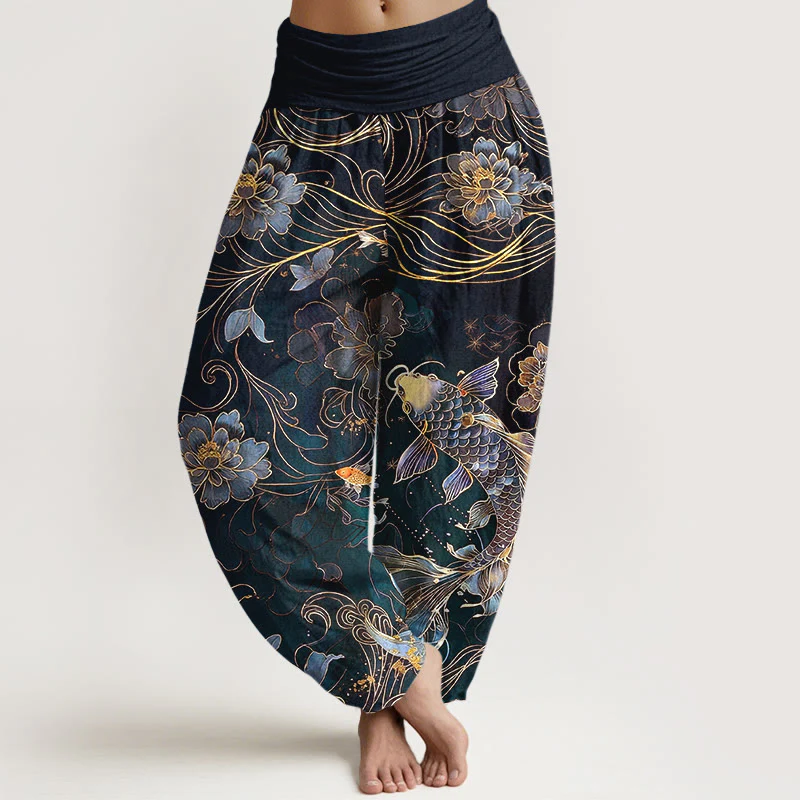 Pantaloni harem da donna con elastico in vita, motivo a peonie e pesci koi in puro cotone, modello Buddha Stones - Image 6