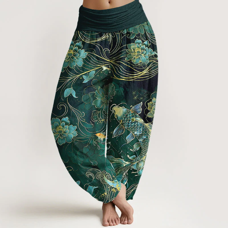 Pantaloni harem da donna con elastico in vita, motivo a peonie e pesci koi in puro cotone, modello Buddha Stones - Image 9