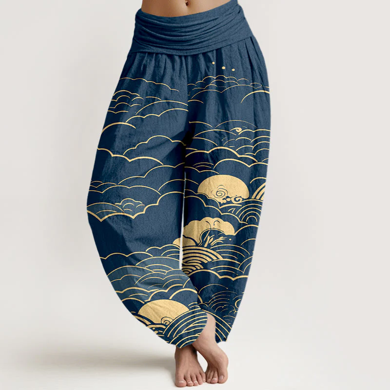 Pantaloni harem da donna con elastico in vita, motivo a spirale, in cotone con nuvole classiche, motivo Buddha Stones