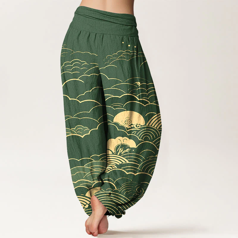 Pantaloni harem da donna con elastico in vita, motivo a spirale, in cotone con nuvole classiche, motivo Buddha Stones - Image 10