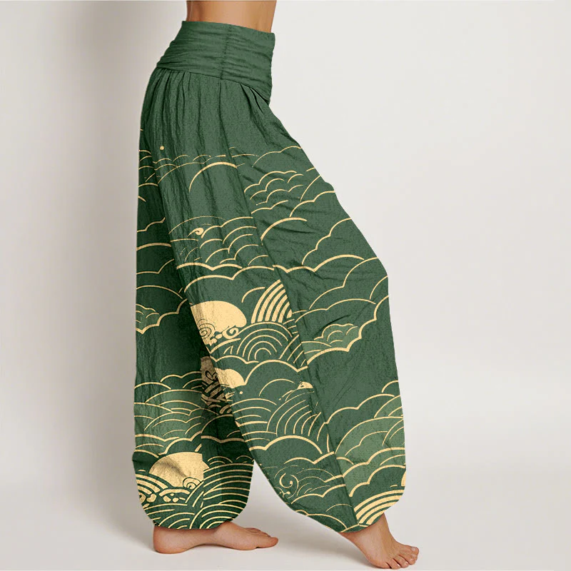 Pantaloni harem da donna con elastico in vita, motivo a spirale, in cotone con nuvole classiche, motivo Buddha Stones - Image 11