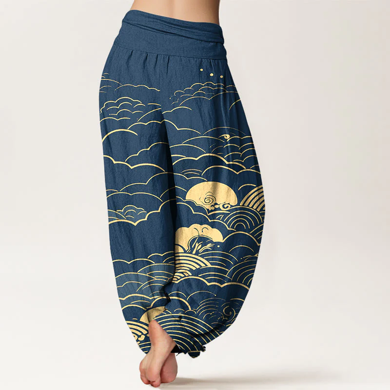 Pantaloni harem da donna con elastico in vita, motivo a spirale, in cotone con nuvole classiche, motivo Buddha Stones - Image 2