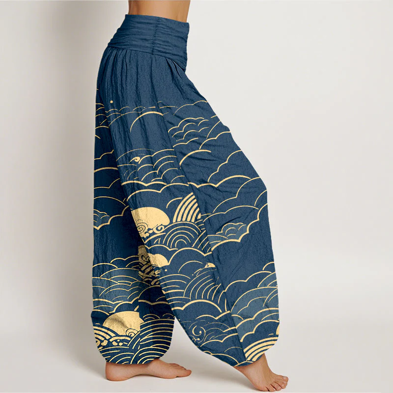 Pantaloni harem da donna con elastico in vita, motivo a spirale, in cotone con nuvole classiche, motivo Buddha Stones - Image 3