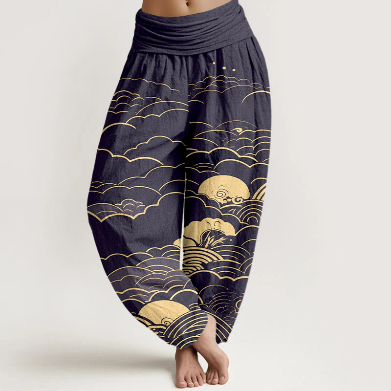 Pantaloni harem da donna con elastico in vita, motivo a spirale, in cotone con nuvole classiche, motivo Buddha Stones - Image 6