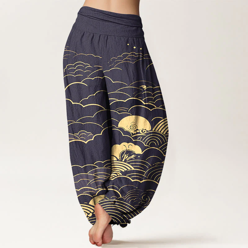 Pantaloni harem da donna con elastico in vita, motivo a spirale, in cotone con nuvole classiche, motivo Buddha Stones - Image 7